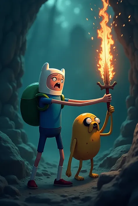 Adventure Time cartoon wallpaper with dark and gloomy color tone and the two characters Finn and Jake are visibly tired, hurt and scared the two are in fighting position, finn have a sword on fire