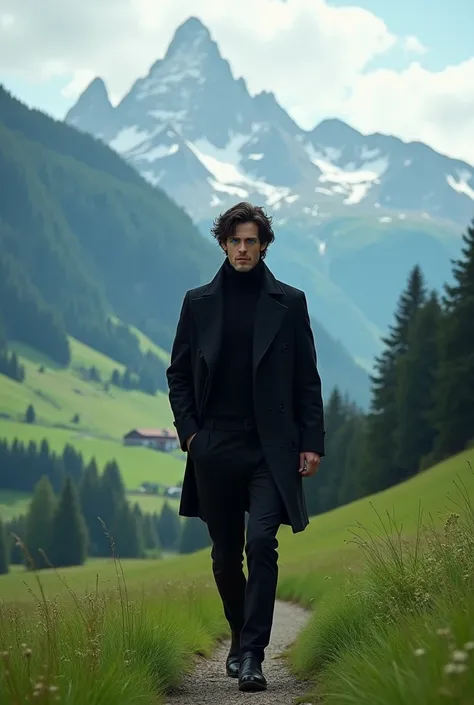 Man with black hair and blue eyes . wearing black clothes.  Walking around the Swiss countryside.