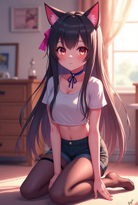 masterpiece, best quality, Official Art , Extremely Detailed CG Unity 8K Wallpaper, girl, cute的girl, Yuri, cute发饰,  shorts,  cropped top below , pantyhose, ribbon_ Choker Necklace , Leg strap,cat ears tail，Second dimension animation，Colored eyes（big，cute），...