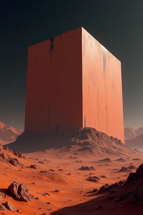 "A gigantic cube resting on the rocky surface of Mars, surrounded by a barren red landscape under a dark sky with faint stars."

