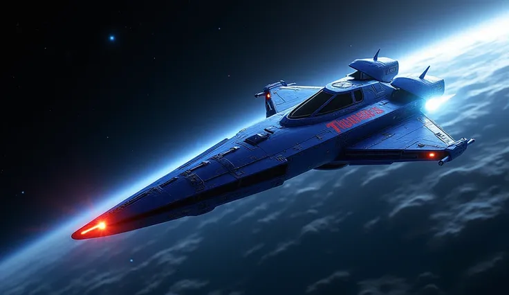 CREATE A FUTURISTIC SPACESHIP IN OUTER SPACE. THE SHIP MUST HAVE AERODYNAMIC LINES THAT MIMIC A BLUE PANTHER.  ON THE SIDE OF THE SHIP THERE SHOULD BE THE THUNDERCATS LOGO DESIGN FROM THE 80S IN RED. CREATE IN HIGH RESOLUTION AND ULTRA-REALISM.