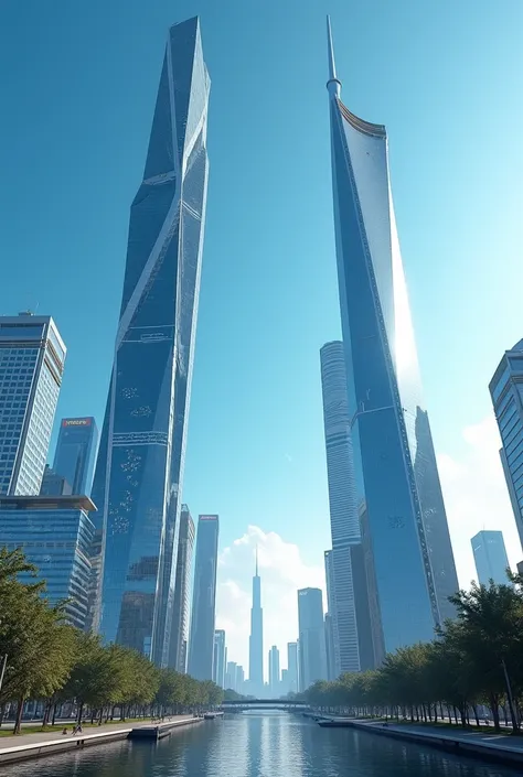 Show me a city with tall, luxurious buildings with a blue sky 