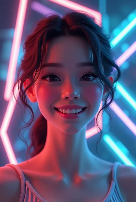 digital human face smiling stylized with geometric lines and bright lights