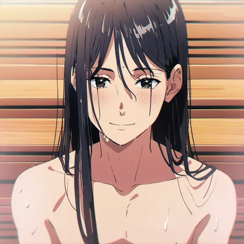 anime image, 1boy, japanese, male, young, straight hair wet down, long hair, black hair, black eyes, smiling, blushing, sauna, shirtless 