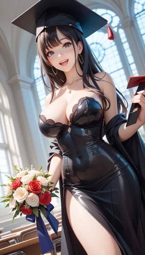 masterpiece, best quality, highly dramatic picture, beautiful eyes, cinematic lens effect, big beautifully shaped breasts , ultra cute, ultra sexy, ultra bouncy , ultra curvy, horny, pervert, dutch angle, ((Busty Bitches)) , ((Graduation)), ecchi girl, bla...