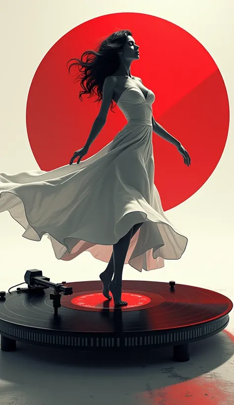 The image shows a beautiful woman dancing sensually on a giant record player. This environment is illustrated in a striking monochrome style with a high contrast between shadows and lights, mainly in white, black and red. Three-dimensional illustration.

 ...