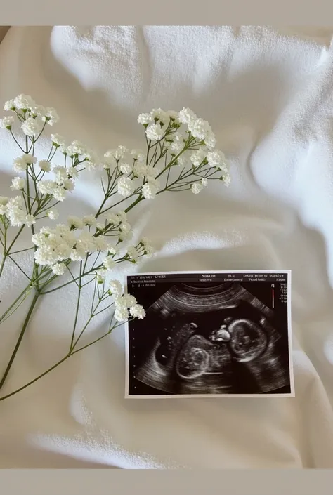 The image shows a photograph of a black and white ultrasound placed on a white sheet. Next to the ultrasound ,  is a delicate bouquet of white flowers ,  probably of the “mosquito” type  (gypsophila),  that adds a soft and elegant touch to the composition ...