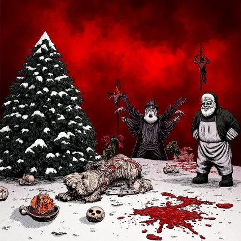 A dark and ominous Christmas landscape with a rotting Christmas tree, a burning teddy bear, and a rotting reindeer. There is a skull near the tree and a crucified santa claus. The ground is covered with snow. The sky is dark and cloudy. The image has an ov...