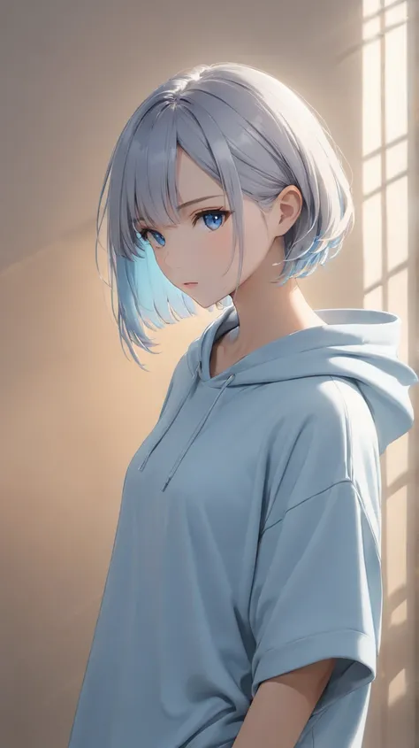 1girl, short silver hair, parted bangs, slightly open forehead, low hair volume, soft layers, natural flow, bright blue eyes, clean color separation, focus on hairstyle and eye color independently, soft lighting, serene expression, minimalist and casual ou...