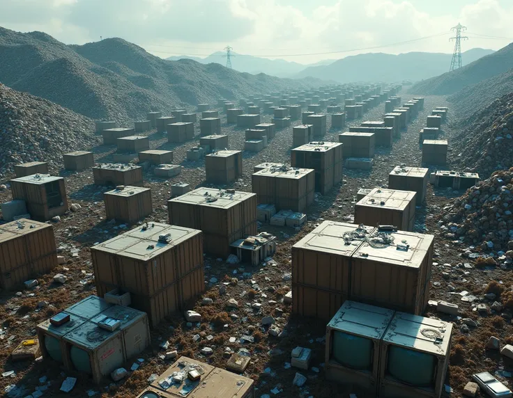 Huge landfill with garbage placed in square packages like buildings, you can see a lot of technology, batteries, TV, phones, you cant see people, you cant see cars, super realistic, cinema 8k,