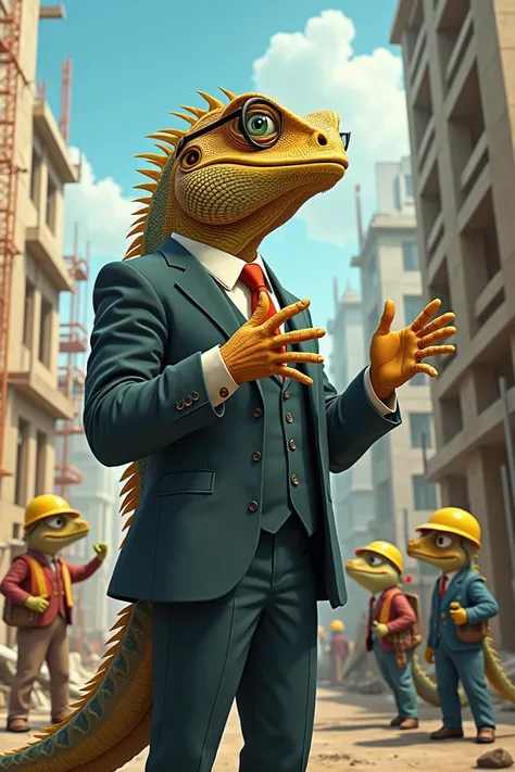 An iguana architect with clothes and hair ,  building a building and scolding workers 