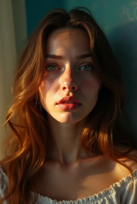 cute young woman, long hair, plump lips, sad, crying, tears in eyes, professional photo, soft light, full head and full shoulders visible, colorful