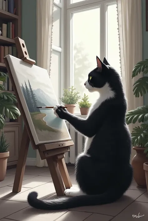 I want a black and white cat painting a picture of a landscape inside a room 