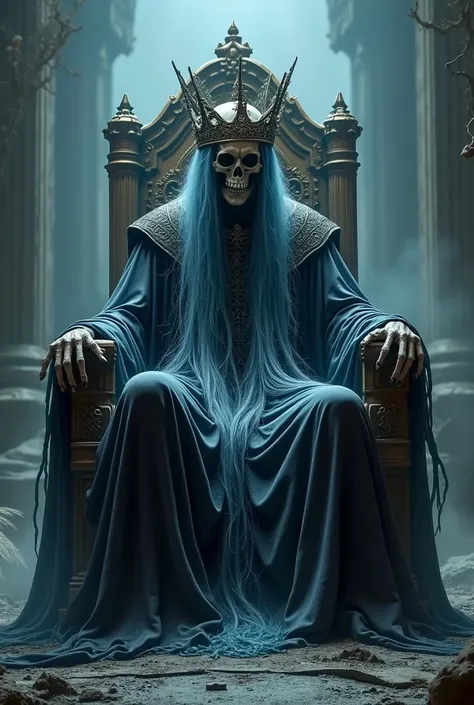 Patron Deus Skull , sitting on a throne,  dark and deathly environment,  rotten crown on the head , blue silver long hair, power of darkness