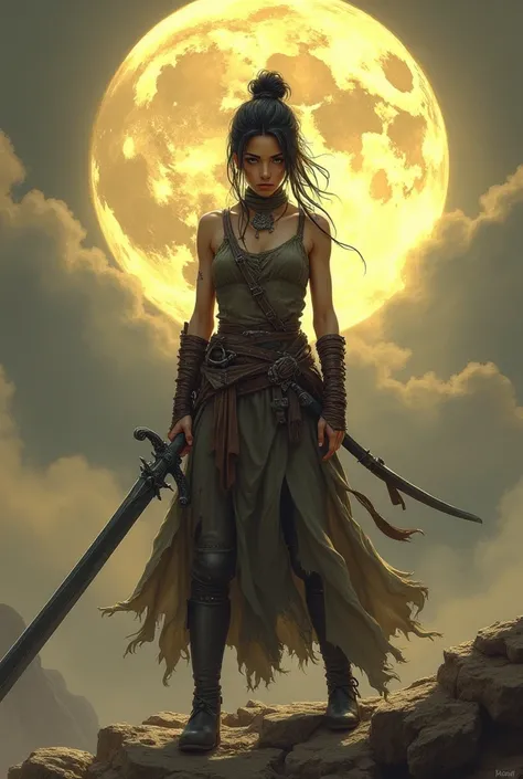 A young woman with dark brown hair gathered in a careless bundle, standing against a huge moon. She has an expressive face with a determined look directed slightly away from the viewer. Her skin has an olive tint.The woman is wearing a dress or tunic of da...