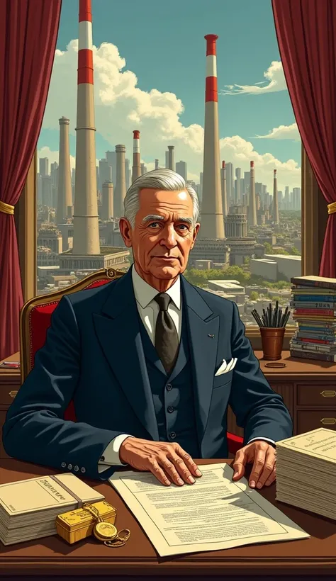  Create a detailed illustration depicting the grandeur of the Rockefeller family at the height of their influence.  Imagine a classic scene from the 1900s , com John D. Rockefeller in a luxurious setting :  an office filled with elegant furniture ,  oil ma...