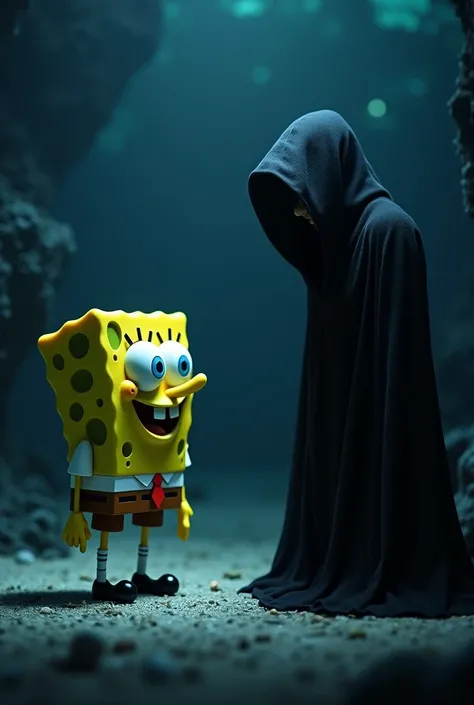 SpongeBob at night talking to a very mysterious hooded man