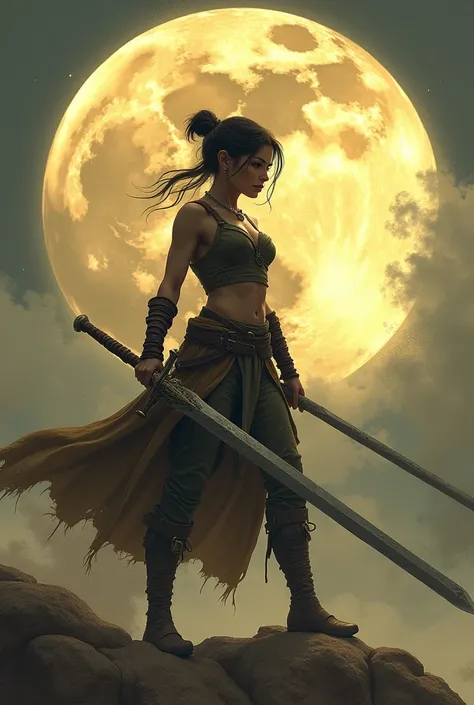 A young woman with dark brown hair gathered in a careless bundle, standing against a huge moon. She has an expressive face with a determined look directed slightly away from the viewer. Her skin has an olive tint.The woman is wearing a dress or tunic of da...