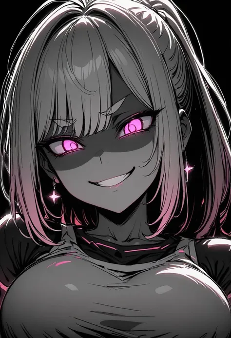 masterpiece, best quality, monochrome, greyscale, ebiblue, gesugao, 
1girl, glowing pink eyes, grey hair, ponytail , (glowing eyes:0.5), earrings, smile, striped shirt,
upper body, looking at viewer, (black background, simple background:1.3), white outline...