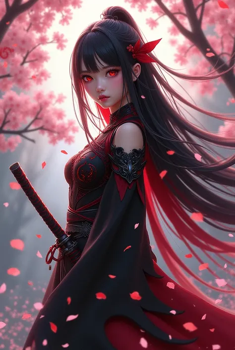 Beautiful girl with long hair Color half black half red two unique catanas outside the cover a unique black costume with red and cherry blossoms in the red eyes and on top of a cherry tree and a power to control time without scorching the breasts