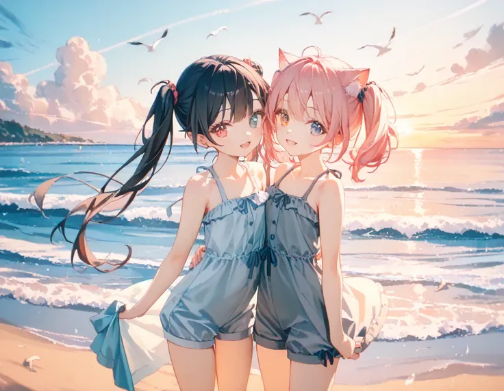 Two anime-style s standing back to back on a sunset beach. One girl has pastel pink hair ,twintails, cat_ear and (heterochromia:1.4,) wearing a onepiece. The other girl has lowtwintails , black hair ,and dark grey eyes, dressed in a onepiece. The sunset ca...