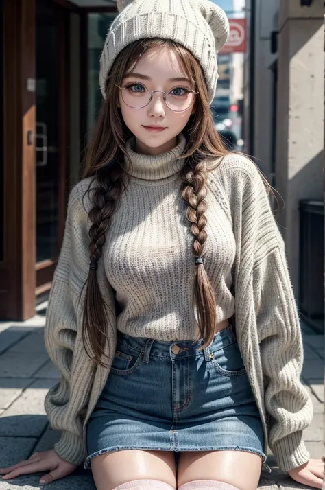 ((masterpiece, best quality, ultra-detailed, high resolution, extremely detailed CG, super detailed, Beautiful human body modeling)), 1 , smile, kawaii girl, cute girl and idol face, young face, smile, Beautiful long chestnut-colored hair, twin braids, Bea...