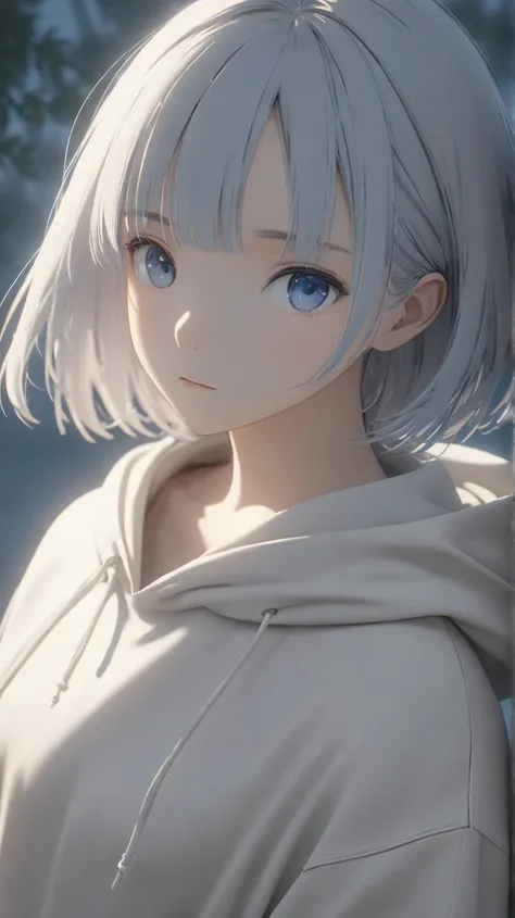 1girl, short silver hair, front bangs slightly covering forehead, low hair volume, soft layers, natural flow, bright blue eyes, clean color separation, focus on hairstyle and eye color independently, soft lighting, serene expression, minimalist and casual ...