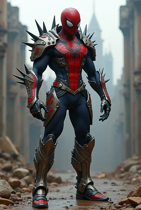 A futuristic/medieval Spiderman with spiky armor 