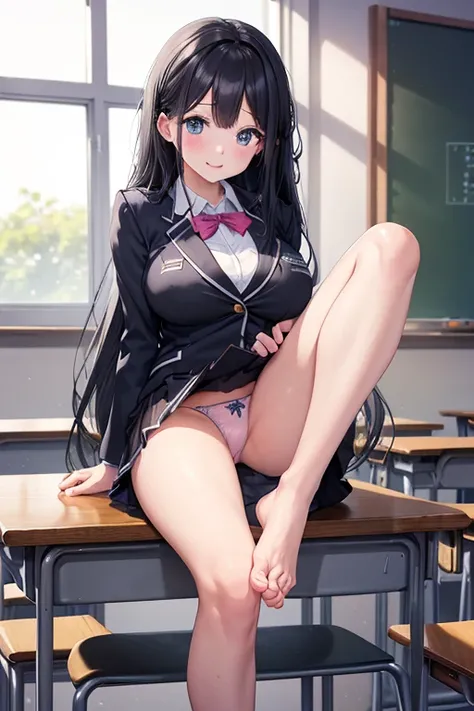 (((Lower Body、Uniform Blazer、forward foot ))、((  highlight her crotch、 feet 、 Panties visible )))、 best quality, 8k, masterpiece :1.3)), whole body,  sharp concentration : one girl who is at ease, GROWING SKIN, sexy pose, best quality, table top naked unde...