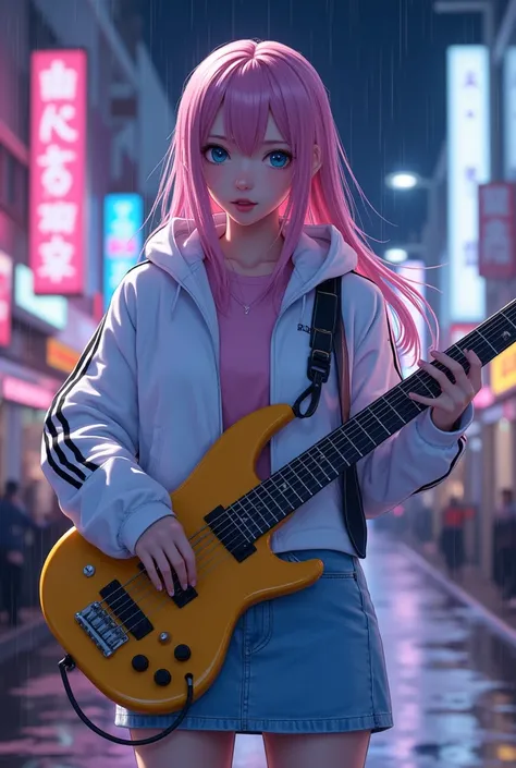  Realistic image of an anime young female singer ,  performing melancholic Korean rock on a glowing in the dark with a bass guitar on a deserted Tokyo street in the rain.  She wears light blue denim miniskirt , ярко-белую спортивную куртку с контрастными ч...