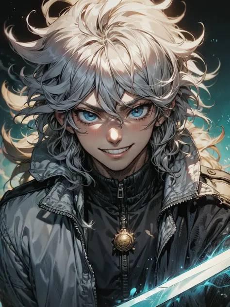  close-up of a person with gray hair and a sword, Nagito Komaeda,   of a smiling man in uniform , He has dark grey hair, Silver-haired madman, tall anime man with blue eyes ,  inspired by Okumura Masanobu, Young Anime Guy,  male anime character with silver...