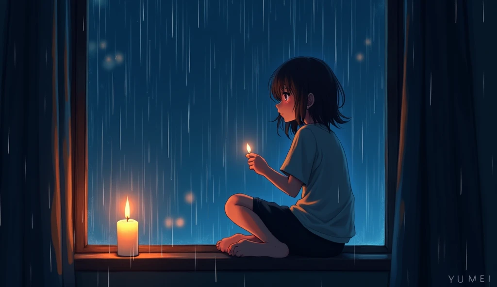 Anime girl sitting on a window sill with a flashlight and a candle, an anime cartoon by Yuumei , tumblr, conceptual art,   under the flashlight  , rainy night, rainy weather, atmospheric anime, Tears on Rain, rainy night,  anime wallpaper , raining late at...