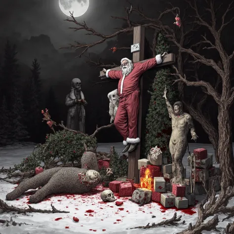 A dark and ominous Christmas landscape with a rotten Christmas tree, rotten christmas presents, a burning teddy bear, and a rotting reindeer. There is a skull near the tree and a crucified santa claus. The ground is covered with snow. The sky is dark and c...