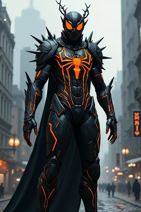 A futuristic/medieval Spiderman with very spiky armor and black/orange color scheme