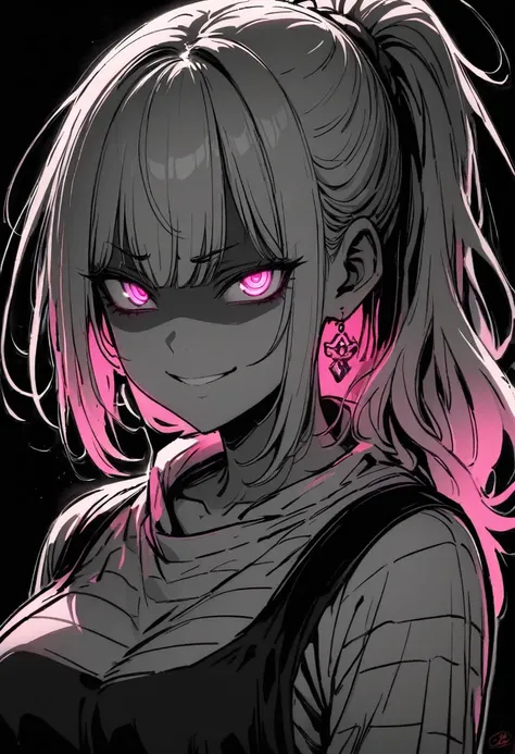 masterpiece, best quality, monochrome, greyscale, ebiblue, gesugao, 
1girl, glowing pink eyes, grey hair, ponytail , (glowing eyes:0.5), earrings, smile, striped shirt,
upper body, looking at viewer, (black background, simple background:1.3), white outline...