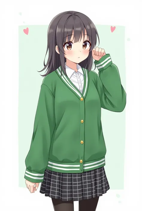 I want a girl drawn, that is to say, drawn of  with green sweater with buttons, collar B, stripes on the white collar and on the sleeve just as white, the sweater is green, it is open with a ploma shirt, a checkered Jean for lead color black and white Tie ...