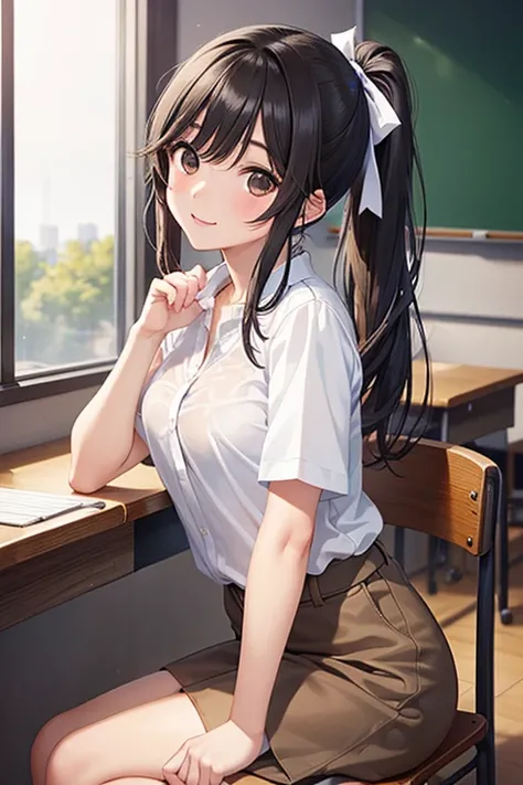 Takane Manaka、  shiny brown long hair、 ribbon ponytail、 beautiful brown eyes 、smile、Sparkling Eyes, (fine grain)、 Highly Detailed Eyes、 very detailed face,  Highly Detailed Eyes, masterpiece,  best quality,  high definition , ( best quality,masterpiece:1.2...