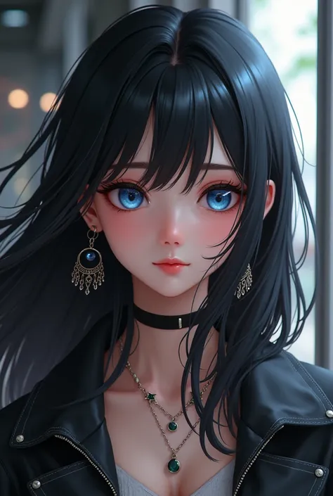 A cool but cute  girl with black hair and blue eyes