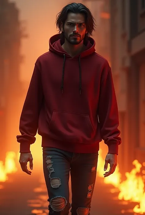 
create a 3d realistic illustrtion a 25 years  handsome sexy boy,dark, devil smile on face, wearing torned jeans with red hoodie,attractive face,dynamic pose,full body,walking,realistic,attractive thin face,long layercut hair short stylish beard,background...