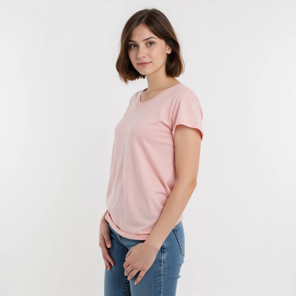 A beautiful 25-year-old woman with short brown hair and brown eyes, professional.  photorealistic .  dressed in casual jeans and a plain light pink t-shirt,  thin waist ,((( Canon EOS 5D Mark IV Body camera ))),(((standing in a relaxed position looking in ...