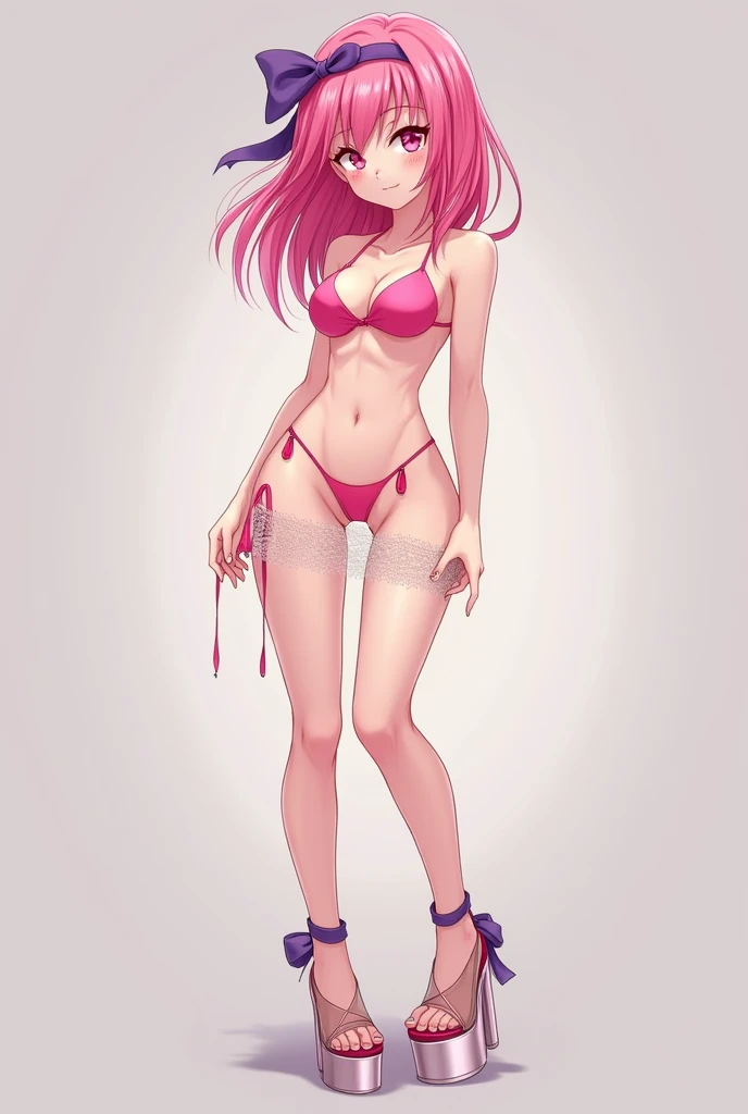 Loli from anime
Pink hair
purple headband
sexy pink micro bikini
Whole body 
Tamanco high jump transparent platform 
Laco tied around the leg 
Ultra sexy