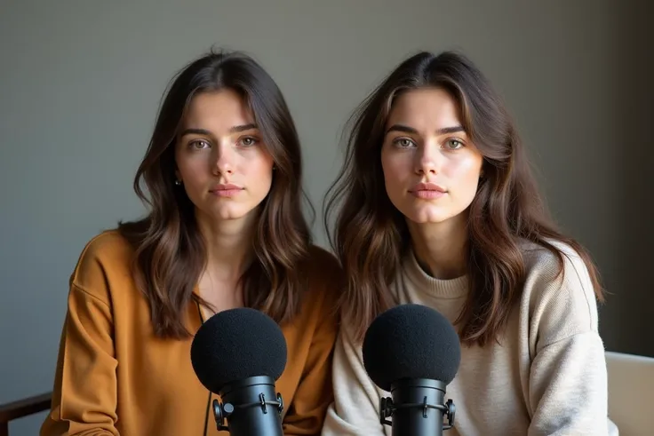 Two real 24 years old girls are doing podcast both sitting equal with podcast mics front face angel without smile mood with classic simple studio background 