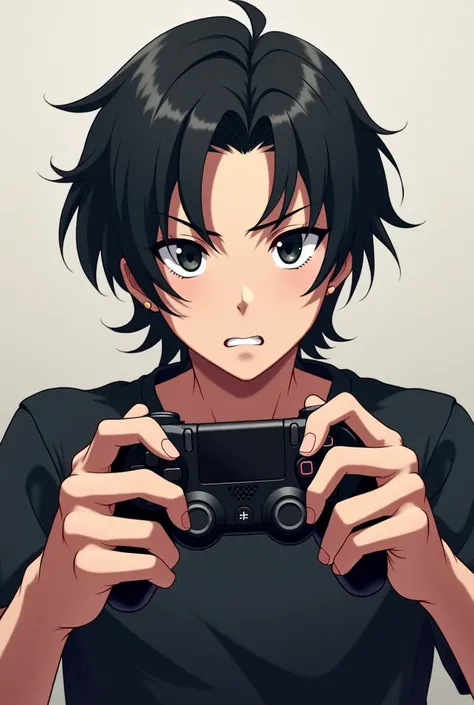 Black-haired male anime character holding a video game controller 
