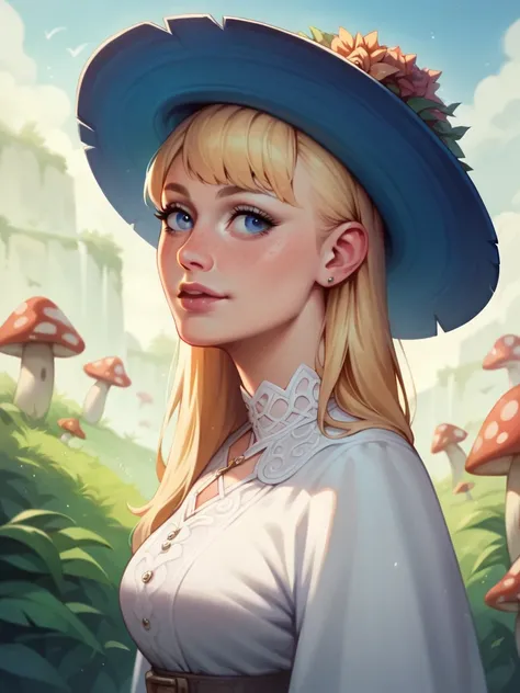  make a dnd character, fantasy style, With cute clothes,  medium boobs,  blond hair , blue eyes, With a mushroom hat 
