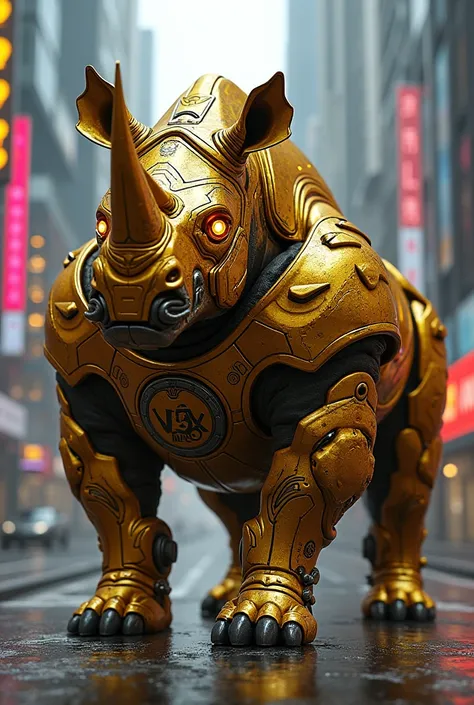 A gold-colored cyberpunk warrior rhinoceros with V3x Néo written on his chest