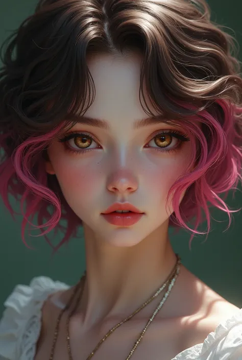 A white girl with short brown hair with pink highlights and arcane-style brown eyes