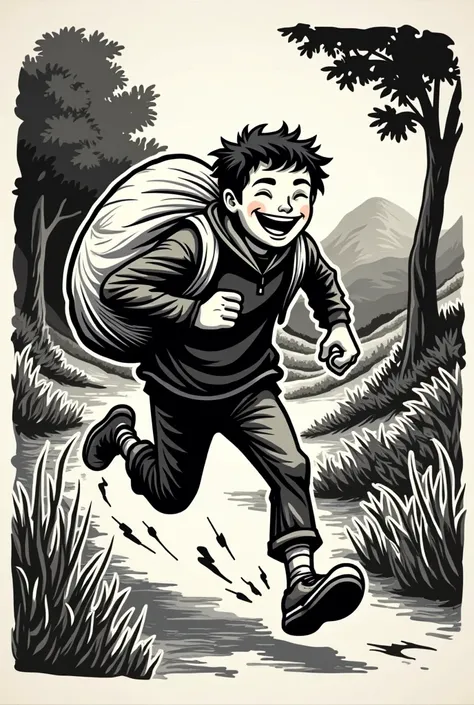 A woodcut art with someone running around with a bag and laughing