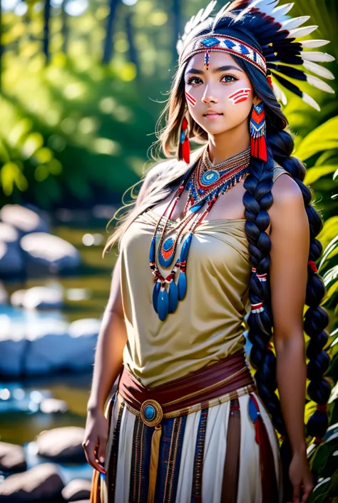 1 girl, native american,  springs ,hair accessories, jewelry,necklace,tribal,headgear,armband, face paint ,braid,armband, wz_fas...