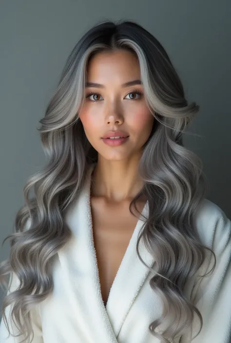 A beautiful long gray haired Asian version of Ariana Grande aged(Glogau Wrinkle Scale(a system used by dermatologists to objectively measure the severity of facial wrinkles and photoaging, categorized into four levels (Type 1-4) ranging from mild (few visi...