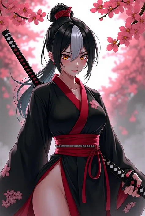 Adult with half black half black hair showing one leg discreetly deep look two red kimono catanas
 color black with cherry blossoms rough anime style posture without showing chest 